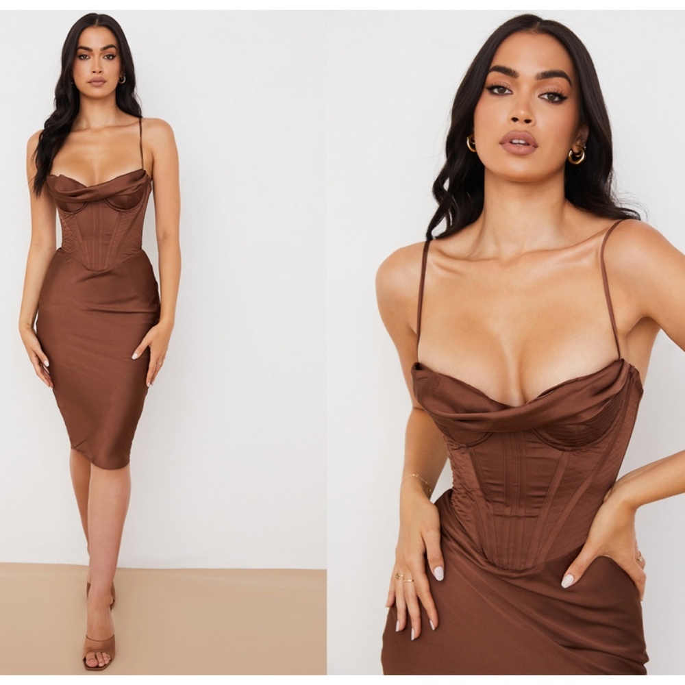 HOUSE OF CB L D-DD Myrna' Chocolate‎ Satin Corset Slip Dress NWOT